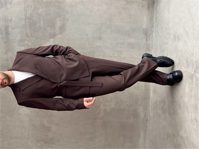 Erkek Business Collection Oversize Kalıp Kuşak Detaylı Kruvaze Model Takım Elbise-Kahverengi(E1896)