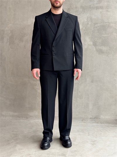 Erkek Business Collection Oversize Kalıp Düğme Detaylı Kruvaze Model Takım Elbise-Siyah(E1897)