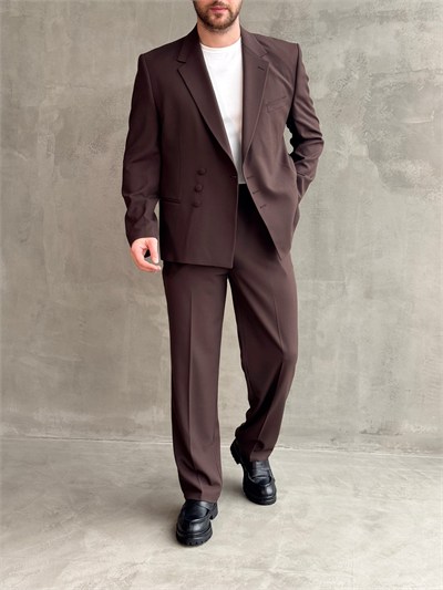 Erkek Business Collection Oversize Kalıp Düğme Detaylı Kruvaze Model Takım Elbise-Kahverengi(E1897)