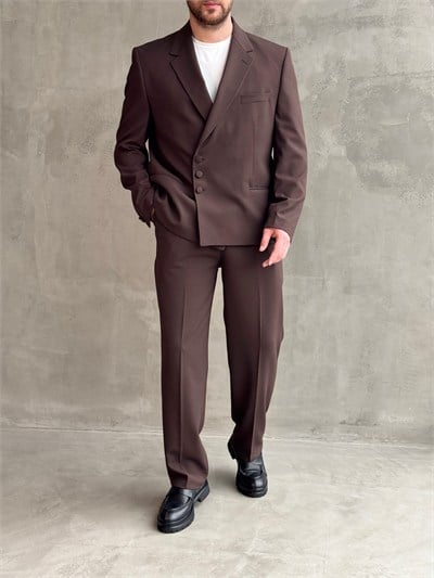 Erkek Business Collection Oversize Kalıp Düğme Detaylı Kruvaze Model Takım Elbise-Kahverengi(E1897)