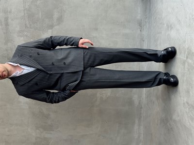 Erkek Business Collection Oversize Kalıp Kruvaze Model Çizgili Takım Elbise-Füme(E1787)