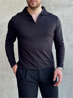 Erkek Business Collection Regular Fit Örme Kumaş Polo Yaka İnce Kazak-Siyah(E1814)