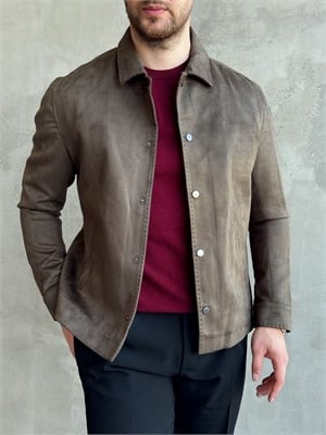 Erkek Business Collection Regular Fit Vintage Düğme Detaylı Süet Deri Ceket-Haki(E1815)