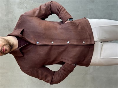 Erkek Business Collection Regular Fit Vintage Düğme Detaylı Süet Deri Ceket-Kahverengi(E1815)