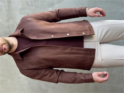 Erkek Business Collection Regular Fit Vintage Düğme Detaylı Süet Deri Ceket-Kahverengi(E1815)