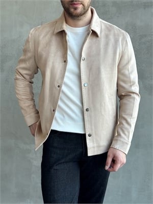 Erkek Business Collection Regular Fit Vintage Düğme Detaylı Süet Deri Ceket-Bej(E1815)