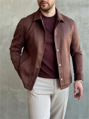 Erkek Business Collection Regular Fit Vintage Düğme Detaylı Süet Deri Ceket-Kahverengi(E1815)