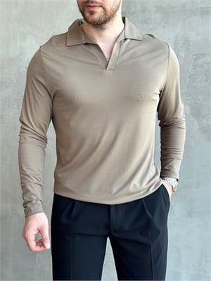 Erkek Business Collection Regular Fit Örme Kumaş Polo Yaka İnce Kazak-Haki(E1814)