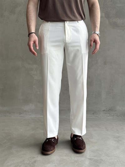 Erkek Business Collection Regular Kalıp Çift Düğme Detaylı Kombinlenebilir Kumaş Pantolon-Beyaz(E1698)