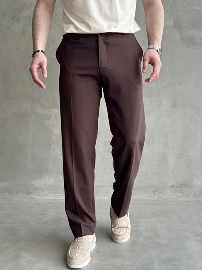 Erkek Business Collection Regular Kalıp Çift Düğme Detaylı Kombinlenebilir Kumaş Pantolon-Kahverengi(E1698)