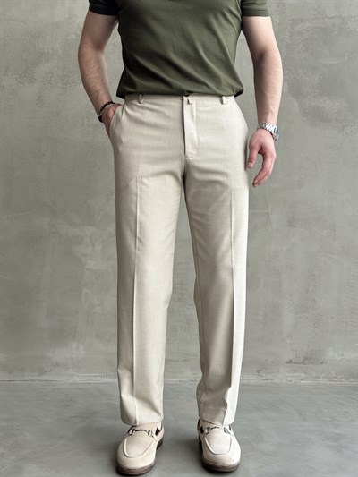 Erkek Business Collection Regular Kalıp Çift Düğme Detaylı Kombinlenebilir Kumaş Pantolon-Bej(E1698)