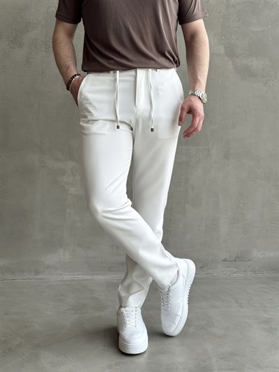Erkek Business Collection Regular Kalıp Beli Lastikli Bağcıklı Ofis Boy Kumaş Pantolon-Beyaz(E1699)