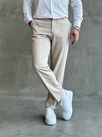 Erkek Business Collection Regular Kalıp Çift Düğme Detaylı Kombinlenebilir Kumaş Pantolon-Krem(E1698)