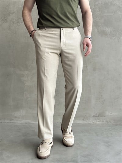 Erkek Business Collection Regular Kalıp Çift Düğme Detaylı Kombinlenebilir Kumaş Pantolon-Bej(E1698)