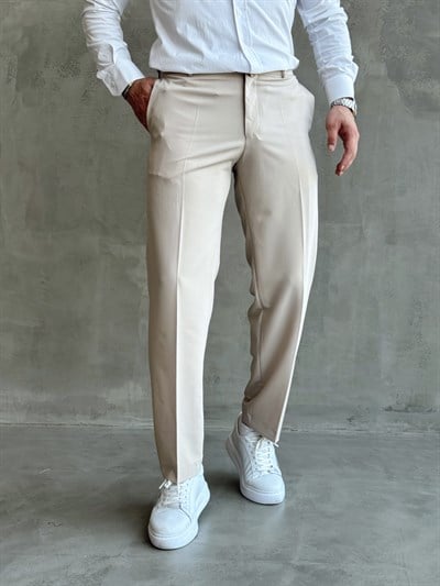 Erkek Business Collection Regular Kalıp Çift Düğme Detaylı Kombinlenebilir Kumaş Pantolon-Krem(E1698)Ketench