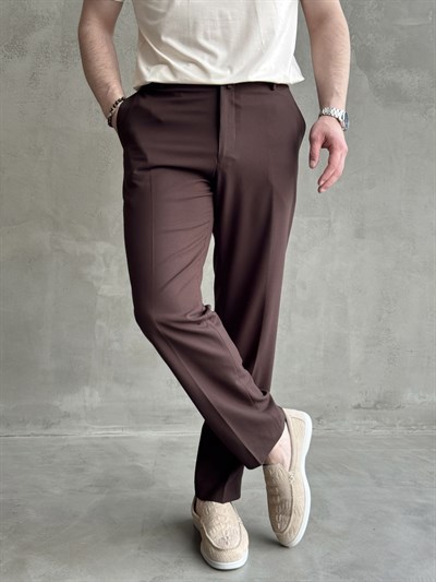 Erkek Business Collection Regular Kalıp Çift Düğme Detaylı Kombinlenebilir Kumaş Pantolon-Kahverengi(E1698)