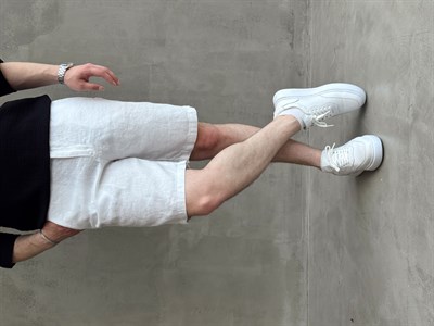 Erkek Bussines Colection Loose Fit İp Detaylı Beli Lastikli %100 Keten Şort-Beyaz(E1766)