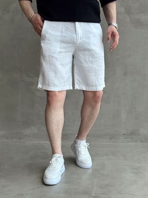 Erkek Bussines Colection Loose Fit İp Detaylı Beli Lastikli %100 Keten Şort-Beyaz(E1766)Ketench