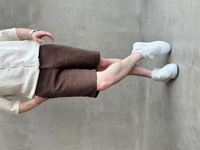 Erkek Bussines Colection Loose Fit İp Detaylı Beli Lastikli %100 Keten Şort-Kahverengi(E1766)