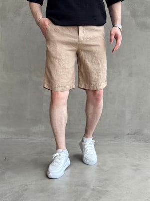 Erkek Bussines Colection Loose Fit İp Detaylı Beli Lastikli %100 Keten Şort-Vizon(E1766)Ketench