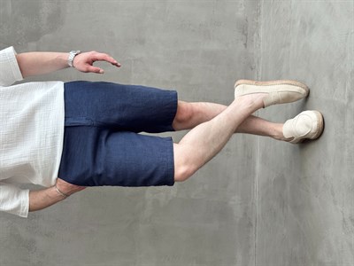 Erkek Bussines Colection Loose Fit İp Detaylı Beli Lastikli %100 Keten Şort-Lacivert(E1766)