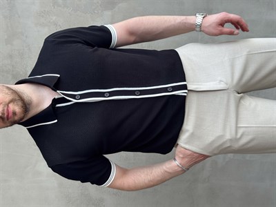 Erkek Bussines Colection Regular Fit Düğme Detaylı Triko T-Shirt-Siyah(E1765)