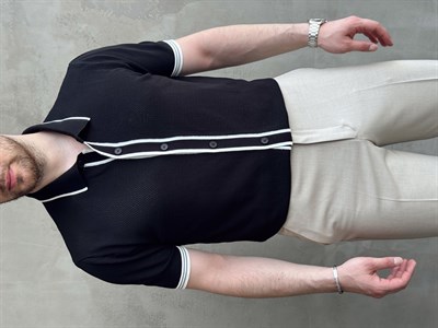 Erkek Bussines Colection Regular Fit Düğme Detaylı Triko T-Shirt-Siyah(E1765)