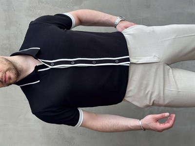 Erkek Bussines Colection Regular Fit Düğme Detaylı Triko T-Shirt-Siyah(E1765)