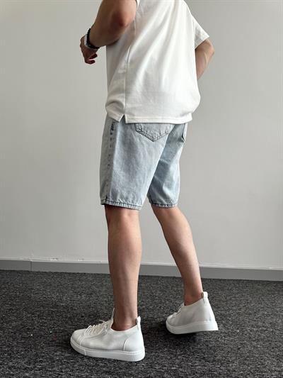 Erkek Düğmeli Oversize Kot Şort-Kar Yıkama(E1091)