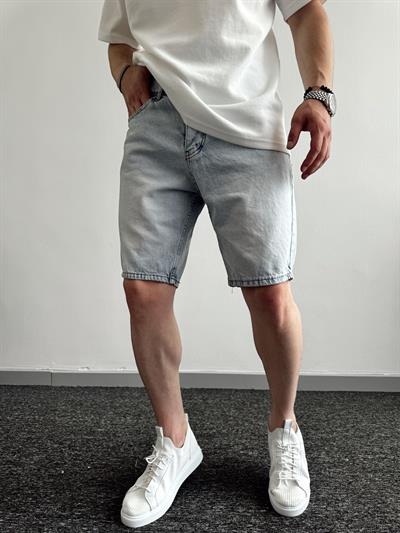 Erkek Düğmeli Oversize Kot Şort-Kar Yıkama(E1091)