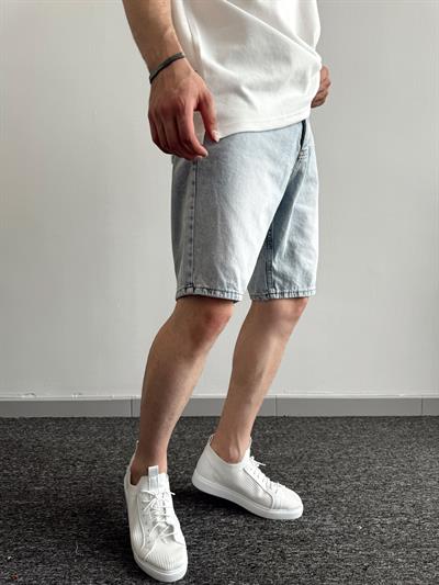 Erkek Düğmeli Oversize Kot Şort-Kar Yıkama(E1091)