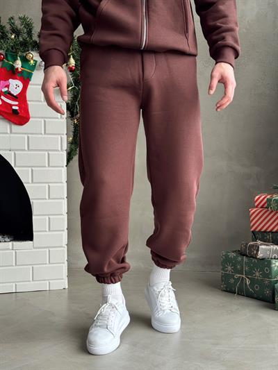 Erkek Elit Kalite Cep Detaylı Paça Lastik Detay Jogger Basic 3 İplik Eşofman Altı-Kahverengi(E1588)