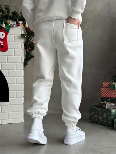 Erkek Elit Kalite Cep Detaylı Paça Lastik Detay Jogger Basic 3 İplik Eşofman Altı-Beyaz(E1588)