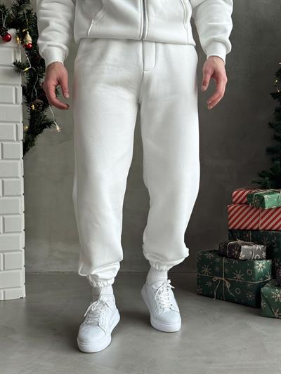 Erkek Elit Kalite Cep Detaylı Paça Lastik Detay Jogger Basic 3 İplik Eşofman Altı-Beyaz(E1588)