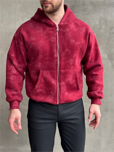 Erkek Elit Kalite Oversize Kalıp Asit Yıkamalı Şardonlu Zip Hırka-Bordo(E1887)