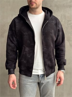 Erkek Elit Kalite Oversize Kalıp Asit Yıkamalı Şardonlu Zip Hırka-Siyah(E1887)