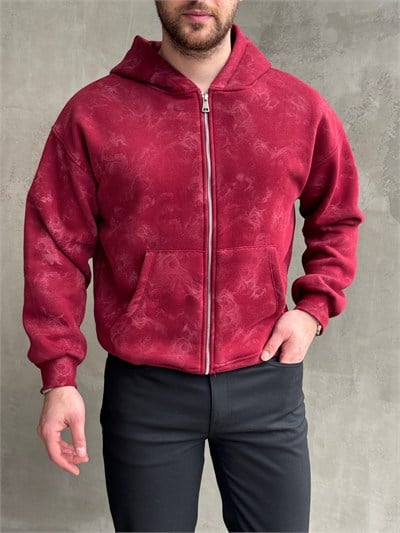 Erkek Elit Kalite Oversize Kalıp Asit Yıkamalı Şardonlu Zip Hırka-Bordo(E1887)