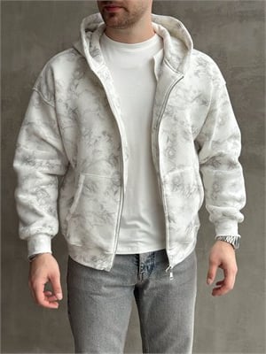 Erkek Elit Kalite Oversize Kalıp Asit Yıkamalı Şardonlu Zip Hırka-Beyaz(E1887)