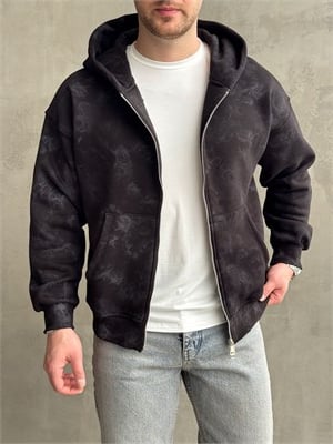 Erkek Elit Kalite Oversize Kalıp Asit Yıkamalı Şardonlu Zip Hırka-Siyah(E1887)