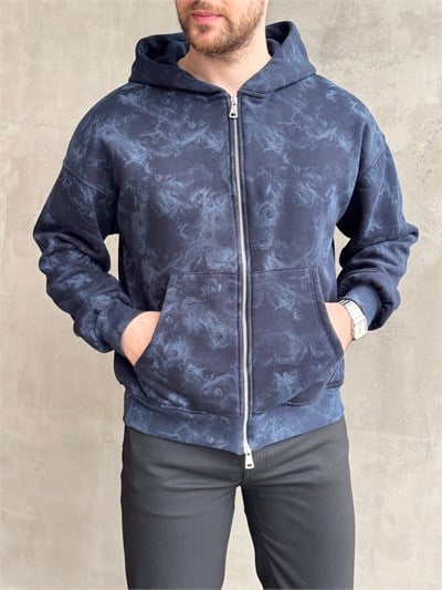Erkek Elit Kalite Oversize Kalıp Asit Yıkamalı Şardonlu Zip Hırka-Lacivert(E1887)