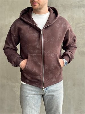 Erkek Elit Kalite Oversize Kalıp Asit Yıkamalı Şardonlu Zip Hırka-Kahverengi(E1887)