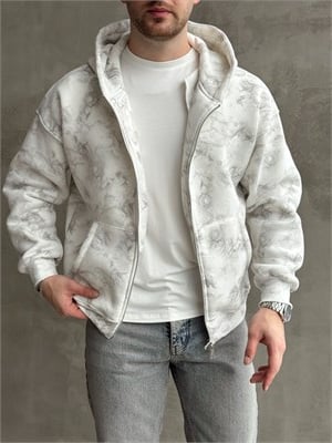 Erkek Elit Kalite Oversize Kalıp Asit Yıkamalı Şardonlu Zip Hırka-Beyaz(E1887)