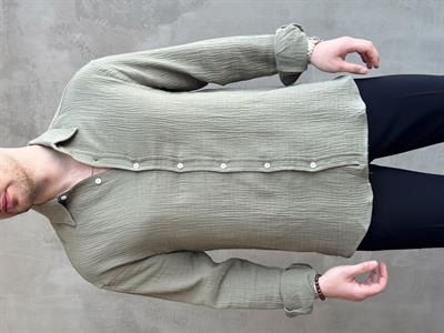 Erkek Elit Kalite Oversize Kalıp Beyaz Düğme Detay Keten Karışımlı Gömlek-Haki(E1695)