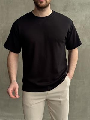 Erkek Elit Kalite Oversize Kalıp Bisiklet Yaka Düz Model T-Shirt-Siyah(E1689)
