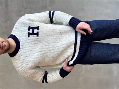 Erkek Elit Kalite Oversize Kalıp Bisiklet Yaka Hell Logo detay Triko Kazak-Beyaz(E1567)