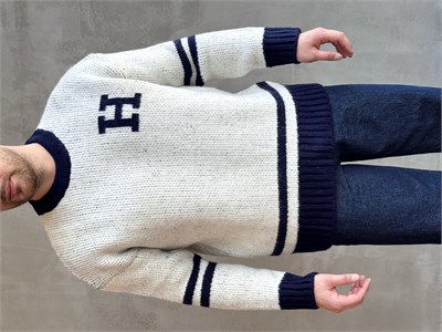 Erkek Elit Kalite Oversize Kalıp Bisiklet Yaka Hell Logo detay Triko Kazak-Beyaz(E1567)