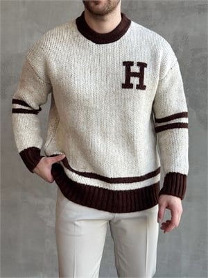 Erkek Elit Kalite Oversize Kalıp Bisiklet Yaka Hell Logo detay Triko Kazak-Bej(E1567)