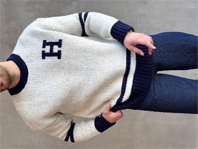 Erkek Elit Kalite Oversize Kalıp Bisiklet Yaka Hell Logo detay Triko Kazak-Beyaz(E1567)