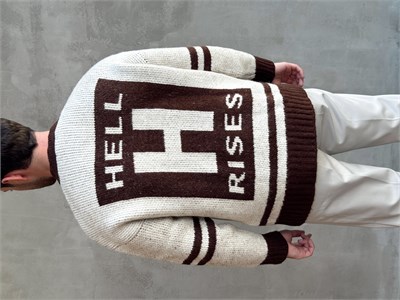 Erkek Elit Kalite Oversize Kalıp Bisiklet Yaka Hell Logo detay Triko Kazak-Bej(E1567)