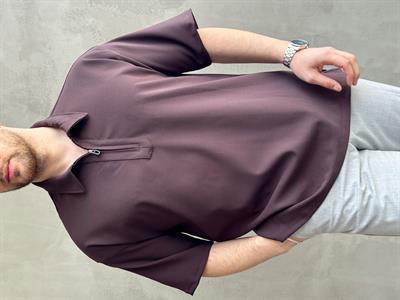 Erkek Elit Kalite Oversize Kalıp Fermuar Detaylı Polo Yaka T-Shirt-Acı Kahve(E1651)